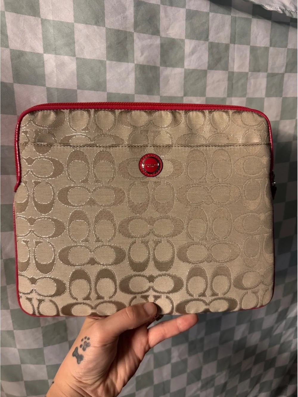 Coach Signature Jacquard Laptop Sleeve with Red/Pink Trim